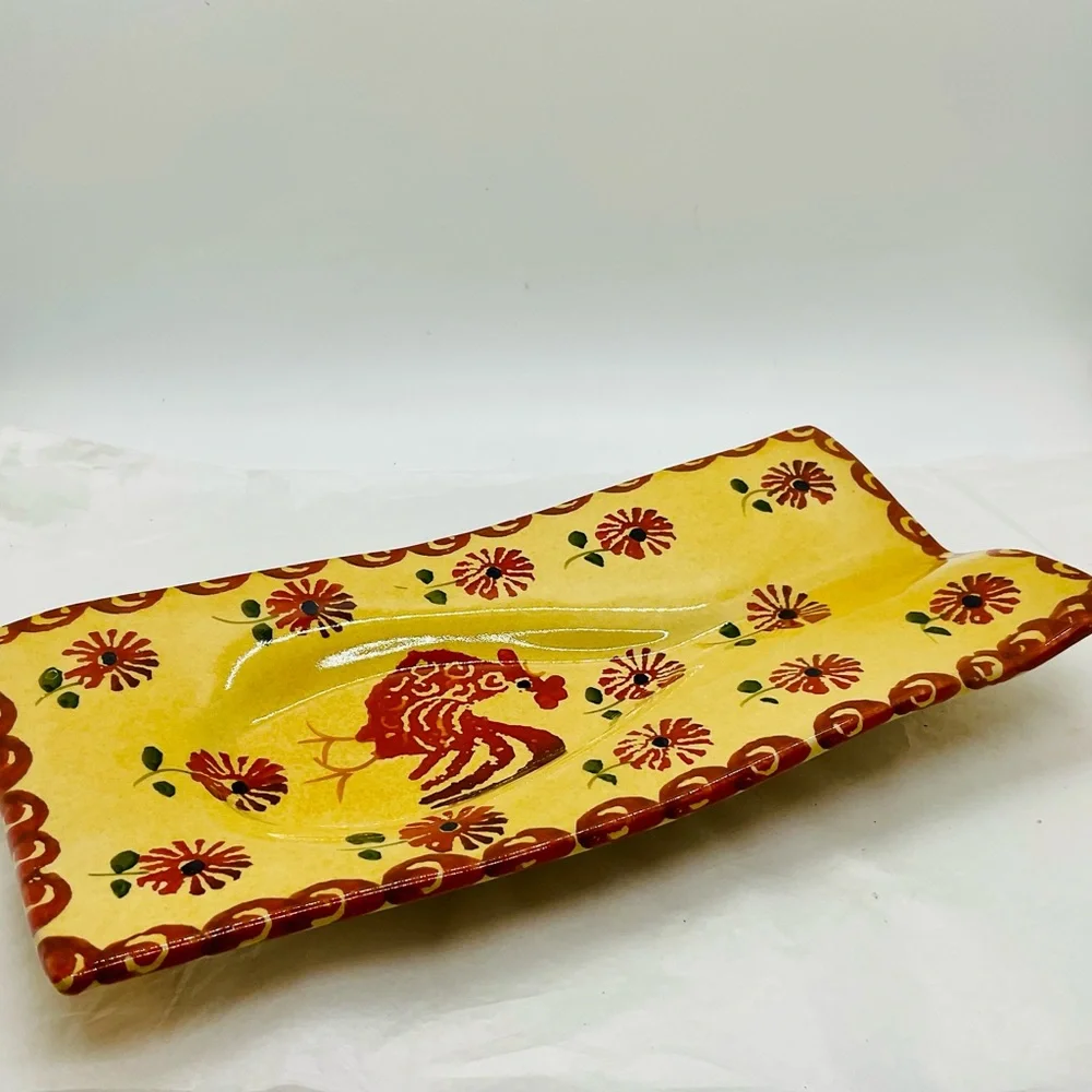 VTG Williams Sonoma 10” L x 5” W Spoon Rest Hand Painted Rooster & Flowers Italy